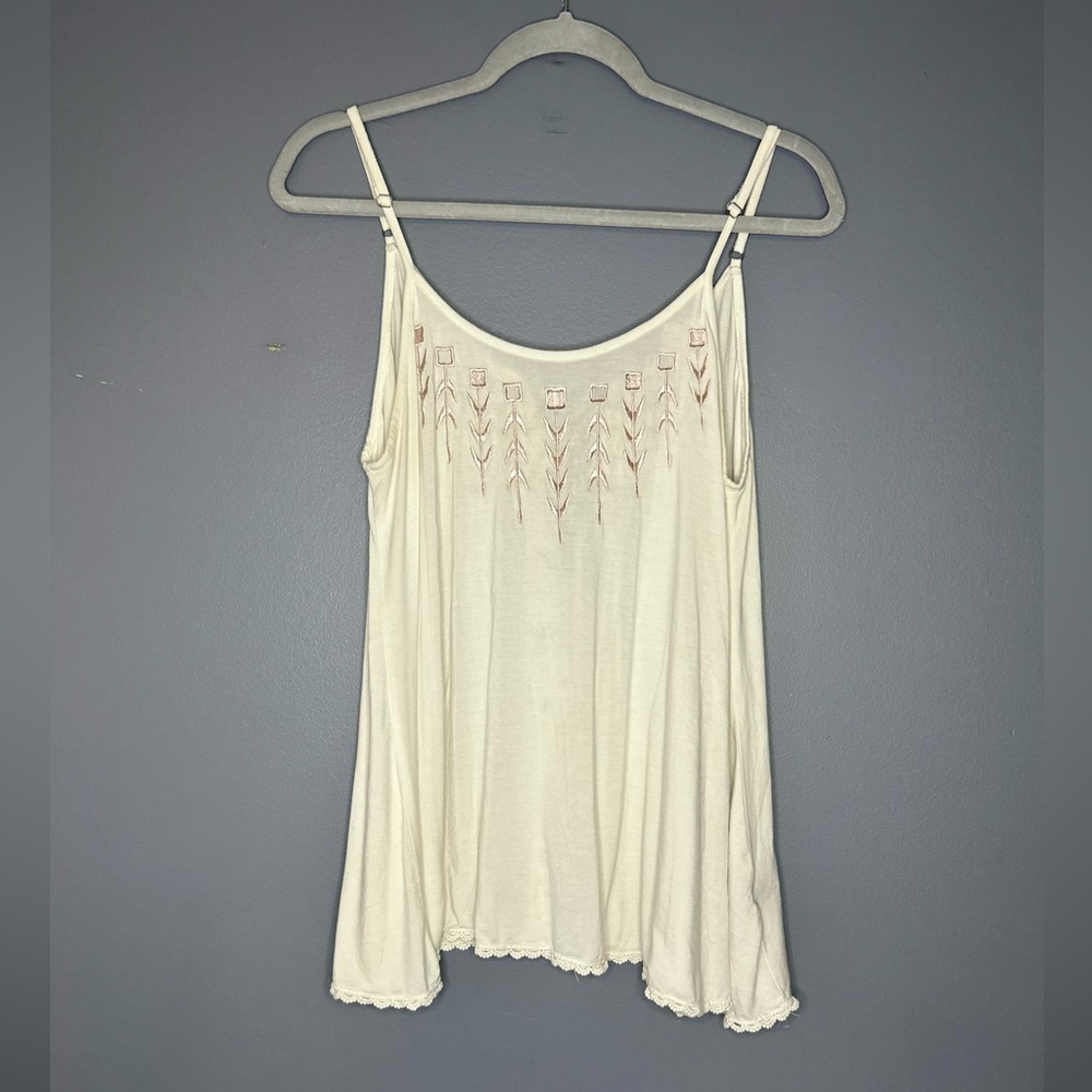 POL Tank Top Womens Large Ivory‎ Embroidered Lace Up Open Back Babydoll Feminine